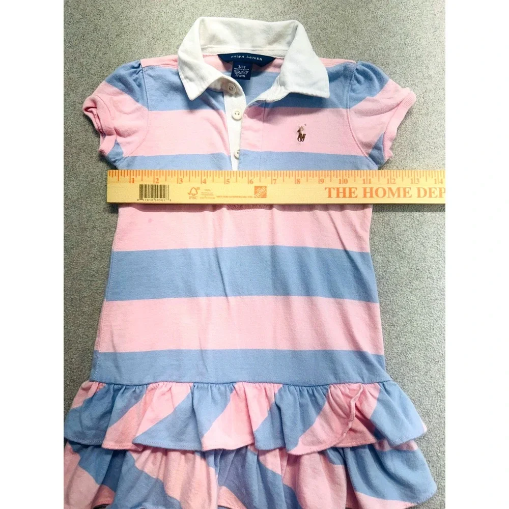 Ralph Lauren Polo Dress Kids 3T Pink Blue Striped Ruffle Hem Short Sleeve Preppy